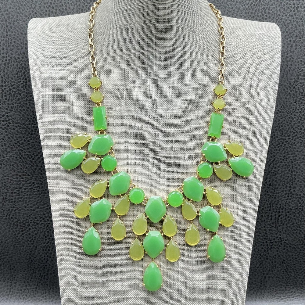 Stella & Dot Necklace Statement Bib Green Lime Teardrop Gold Tone Adjustable 18"